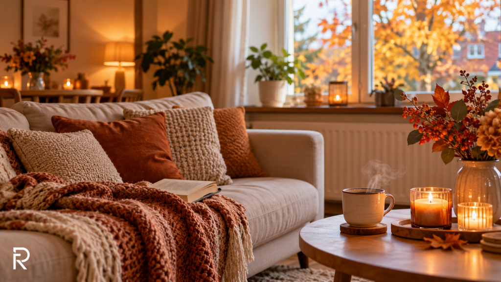Cosy home for autumn with warm lighting, soft blankets and autumn colours